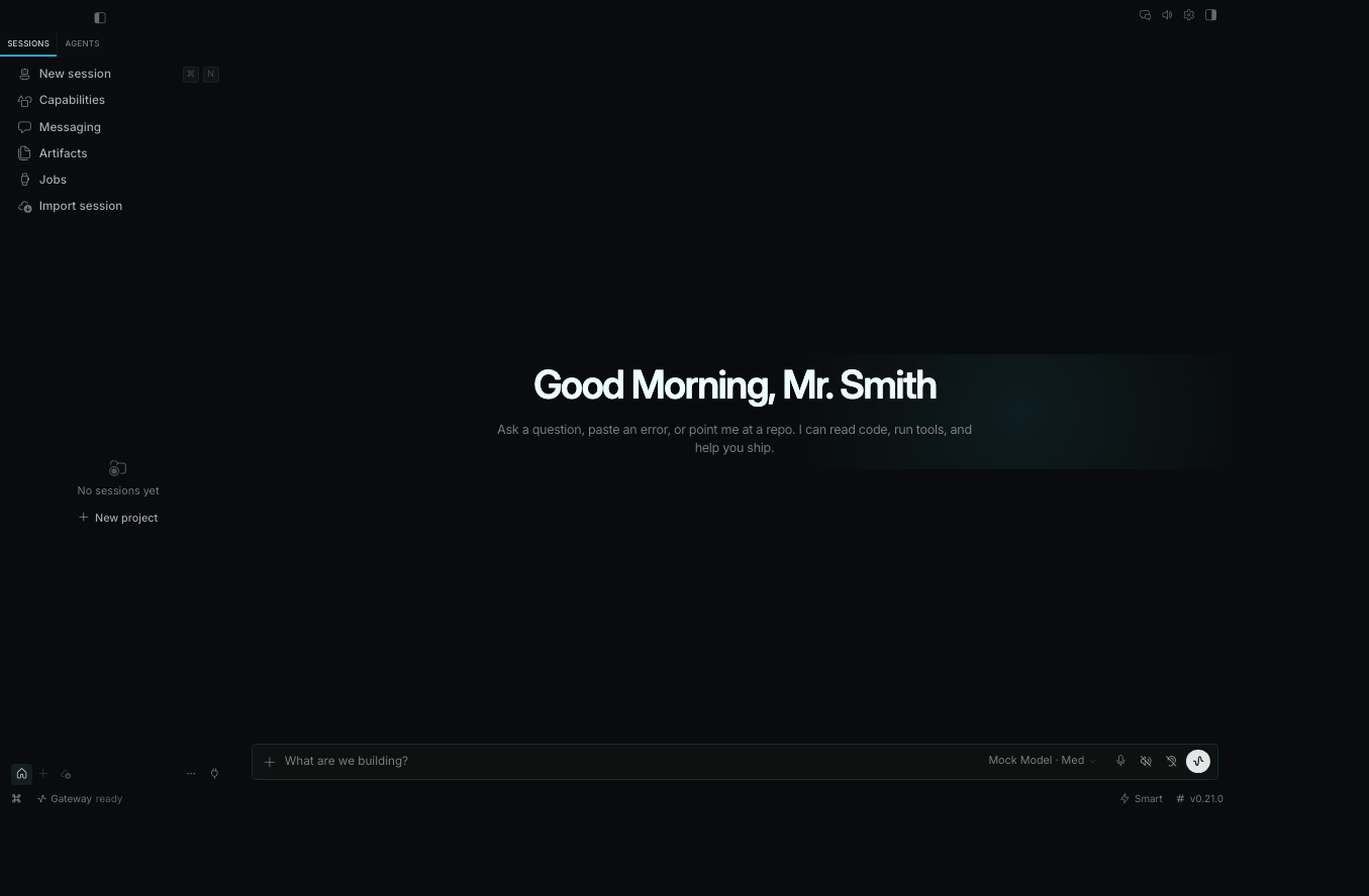 Core Agentic desktop with sessions, capabilities, messaging, artifacts, and jobs beside a conversation workspace. Greeting: Good Morning, Mr. Smith.